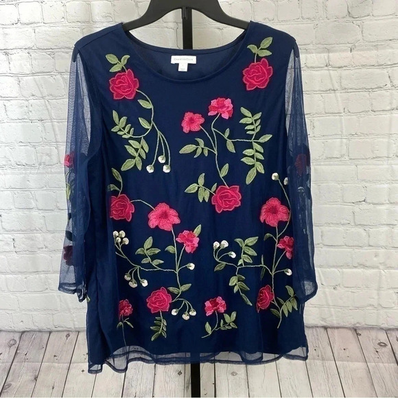 Charter Club Tops - Charter Club Navy Floral Embroidered Blouse Size Large